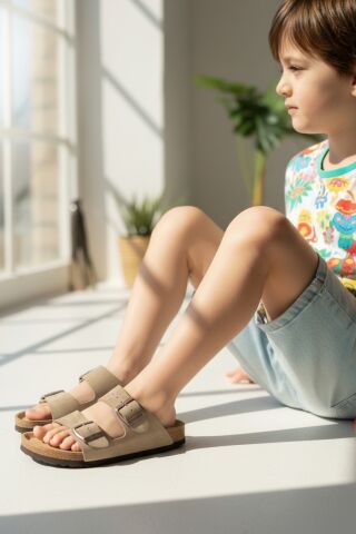 Land of Cork Çocuk Anatomik Süet Deri Terlik | Doğal Mantar Taban, Ark Destekli, Konforlu