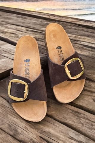 Land of Cork Anatomik Big Buckle Acı Kahve Doğal Mantar Taban Hakiki Deri Terlik