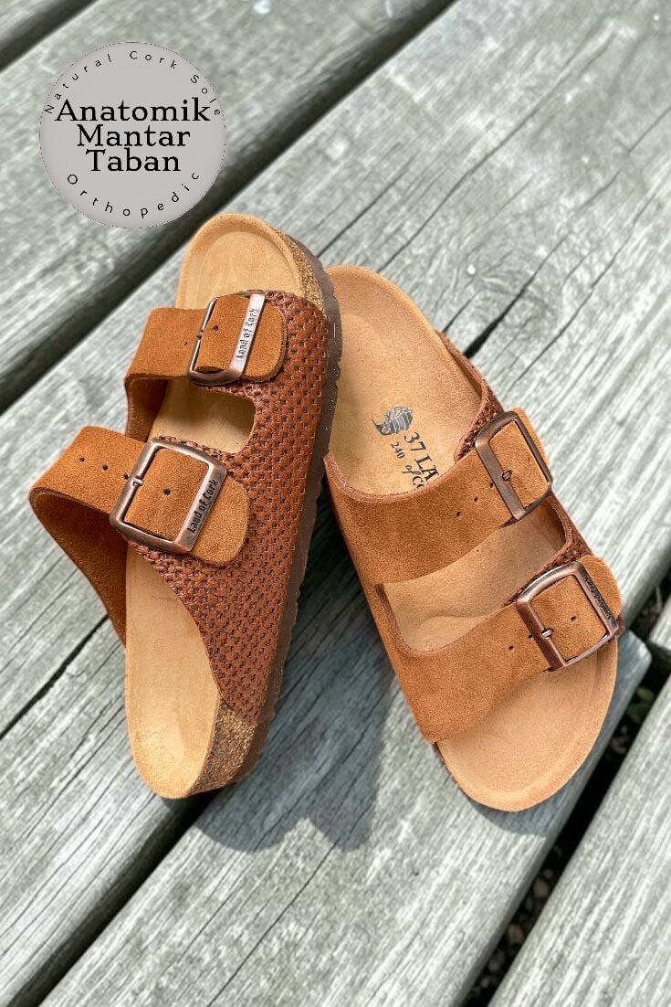 Land of Cork Ortopedik Anatomik Terlik – Doğal Mantar Taban, Hakiki Deri, Ark Destekli Unisex Günlük Konfor