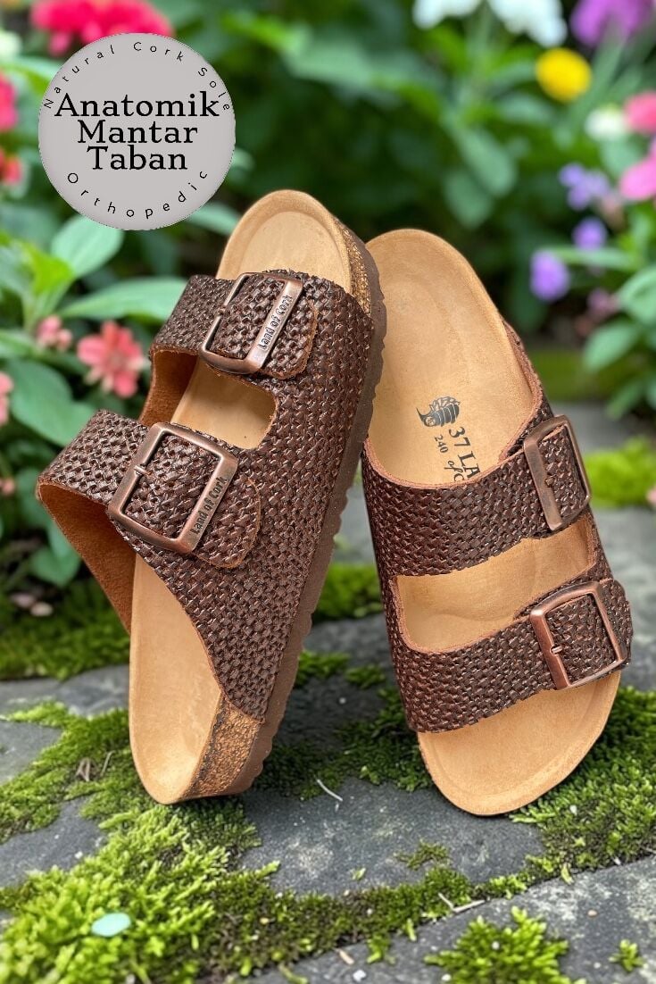 Land of Cork Ortopedik Anatomik Terlik – Doğal Mantar Taban, Hakiki Deri, Ark Destekli Unisex Günlük Konfor