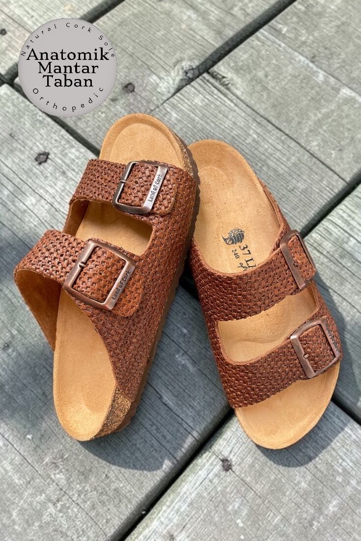 Land of Cork Ortopedik Anatomik Terlik – Doğal Mantar Taban, Hakiki Deri, Ark Destekli Unisex Günlük Konfor