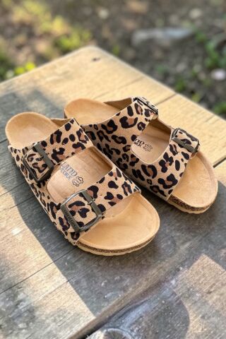Land of Cork Kadın / Unisex Leopar Desenli Anatomik Terlik – Doğal Mantar Taban Hakiki Süet Deri Ark Destekli Ortopedik Günlük Terlik