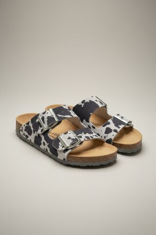 Land of Cork LC Kadın Terlik Doğal Mantar Taban Süet Deri İnek Desenli Ark Destekli Konforlu Günlük Terlik