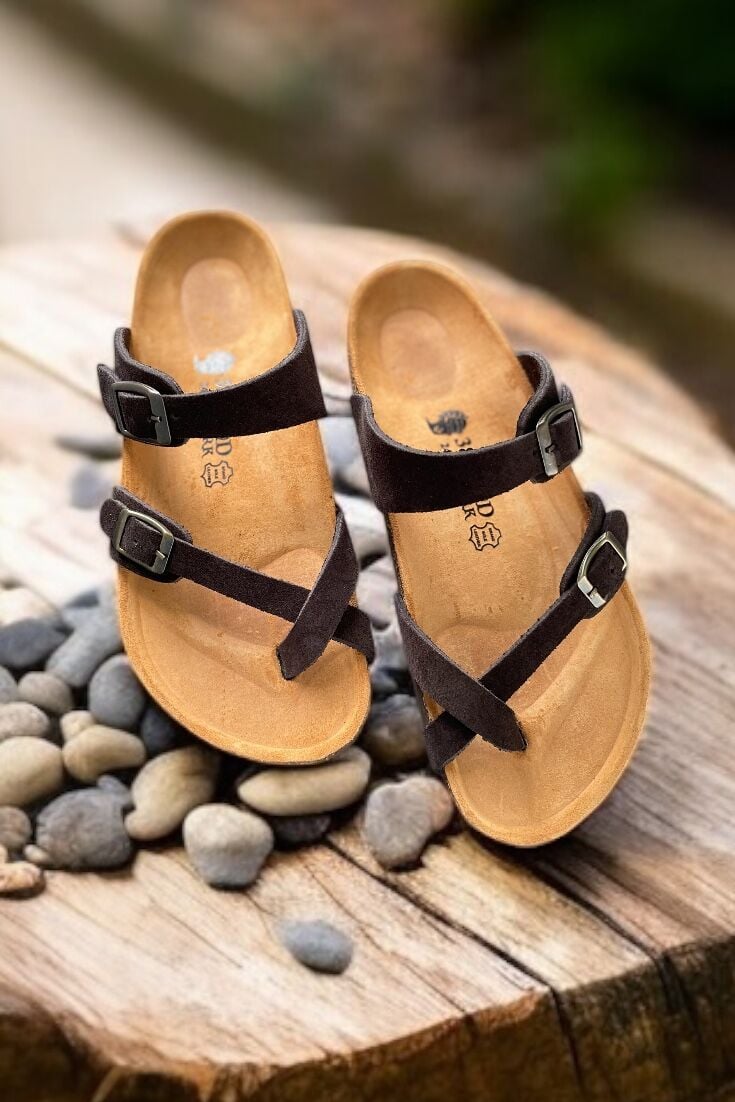 Land of Cork Doğal Mantar Taban Hakiki Deri Parmak Arası Terlik | Ark Destekli Anatomik Konfor Unisex Sandalet