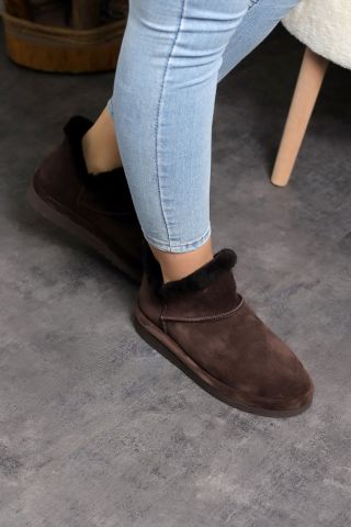 Land of Cork Mini kahve Süet Deri Yarım Bot içi gerçek kürklü Düz Taban Kadın Bot