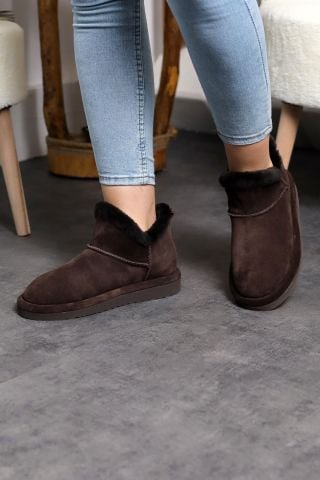 Land of Cork Mini kahve Süet Deri Yarım Bot içi gerçek kürklü Düz Taban Kadın Bot