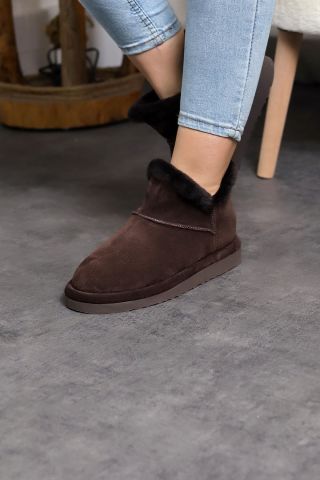 Land of Cork Mini kahve Süet Deri Yarım Bot içi gerçek kürklü Düz Taban Kadın Bot