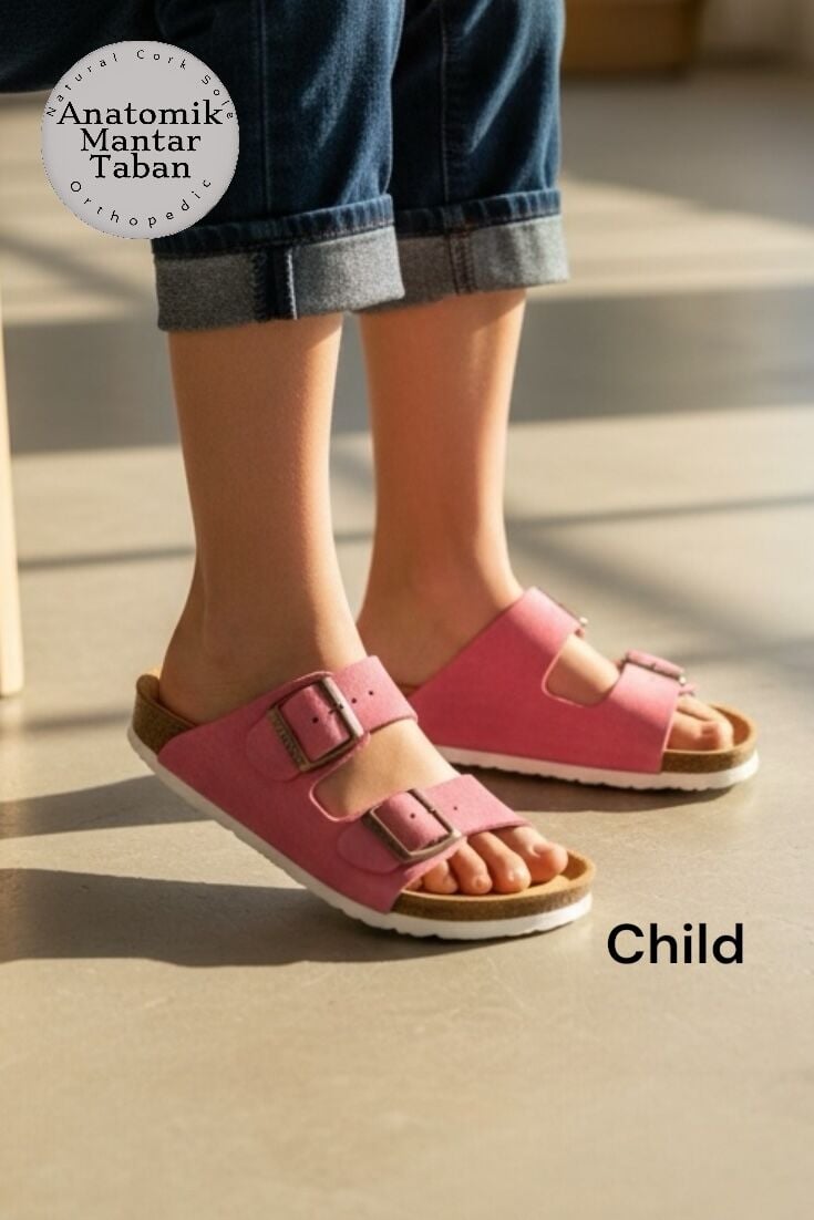 Land of Cork Kız Çocuk Hakiki Deri Terlik | Doğal Mantar Tabanlı, Ark Destekli Ortopedik Günlük Terlik