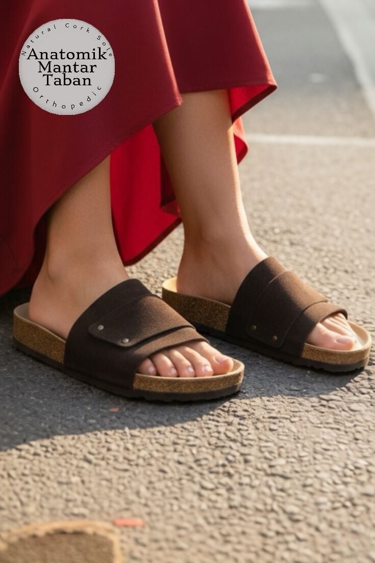 Land of Cork LC Unisex Anatomik Doğal Mantar Taban Hakiki Deri Ark Destekli Günlük Konforlu Terlik