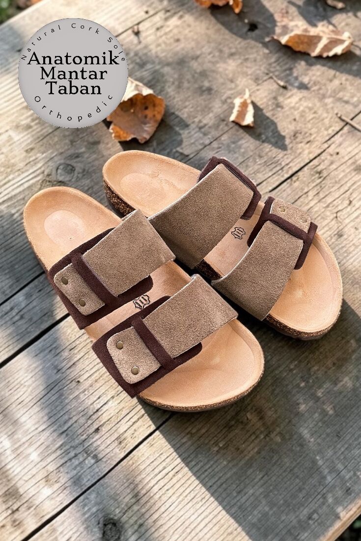 Land of Cork LC Unisex Doğal Mantar Tabanlı Anatomik Ark Destekli Hakiki Deri Günlük Konfor Terlik
